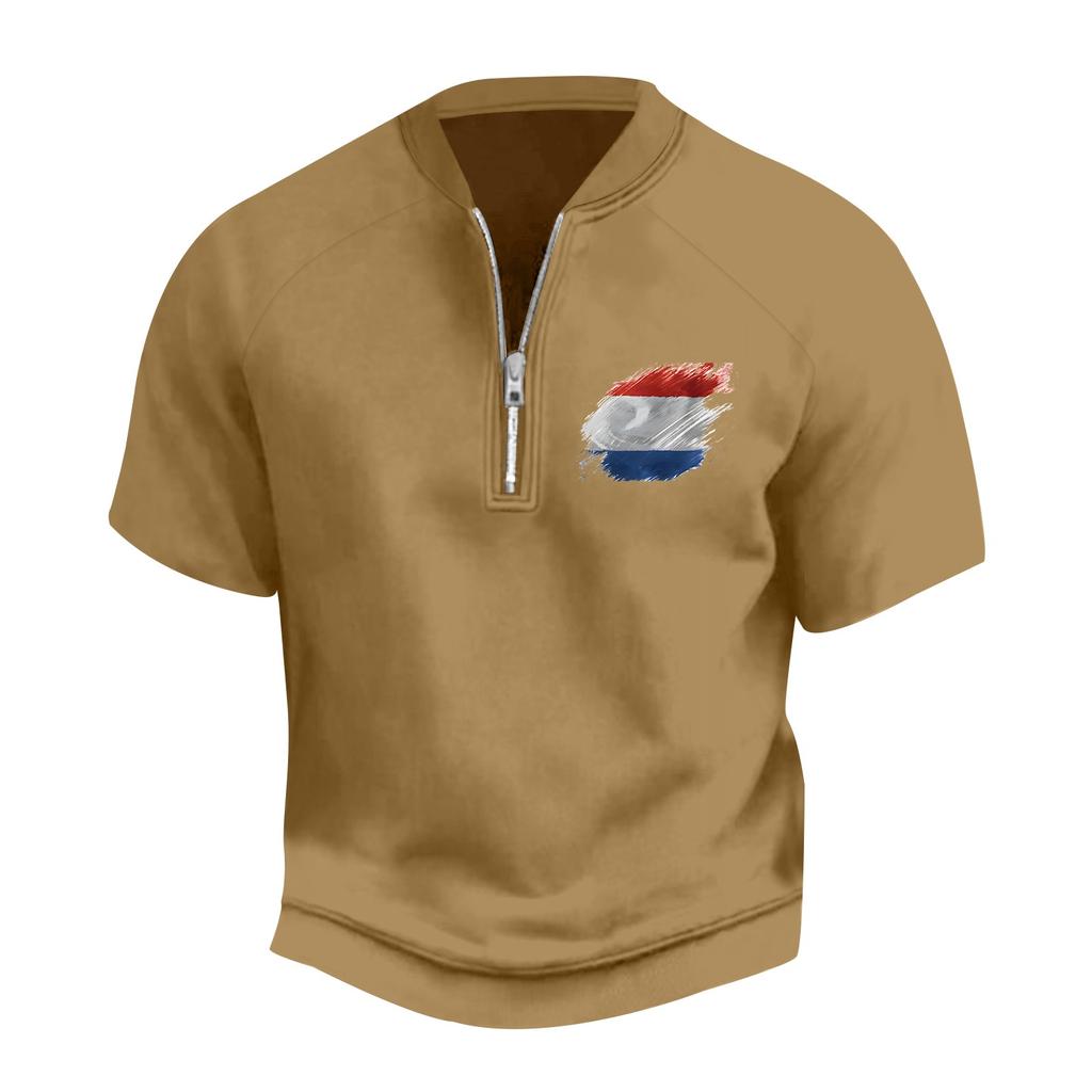 Pánské letní vintage tričko na poloviční zip s potiskem vlajky Dne nezávislosti a krátkým rukávem