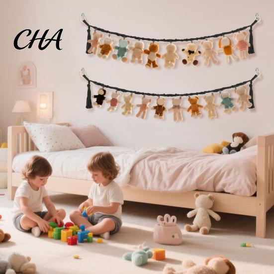 Hand Woven Toy Strap Stuffed Doll Cotton Hanging Storage Chain, Wall Mounted Organizer with Kids Room Organization Supplies Metal Clips, Boho Display