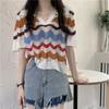 Korean Polo Collar Wave Stripe Knitted Shirt for Women Summer Loose Hollow Hoodie Short Sleeve Bottom Top