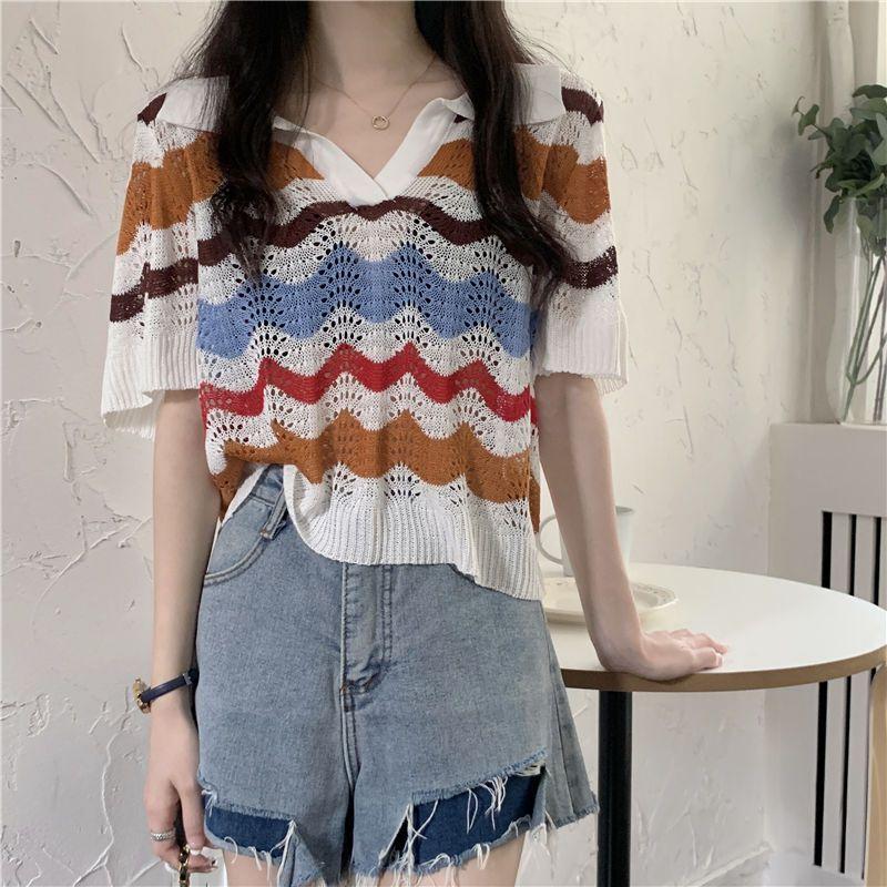 Korean Polo Collar Wave Stripe Knitted Shirt for Women Summer Loose Hollow Hoodie Short Sleeve Bottom Top