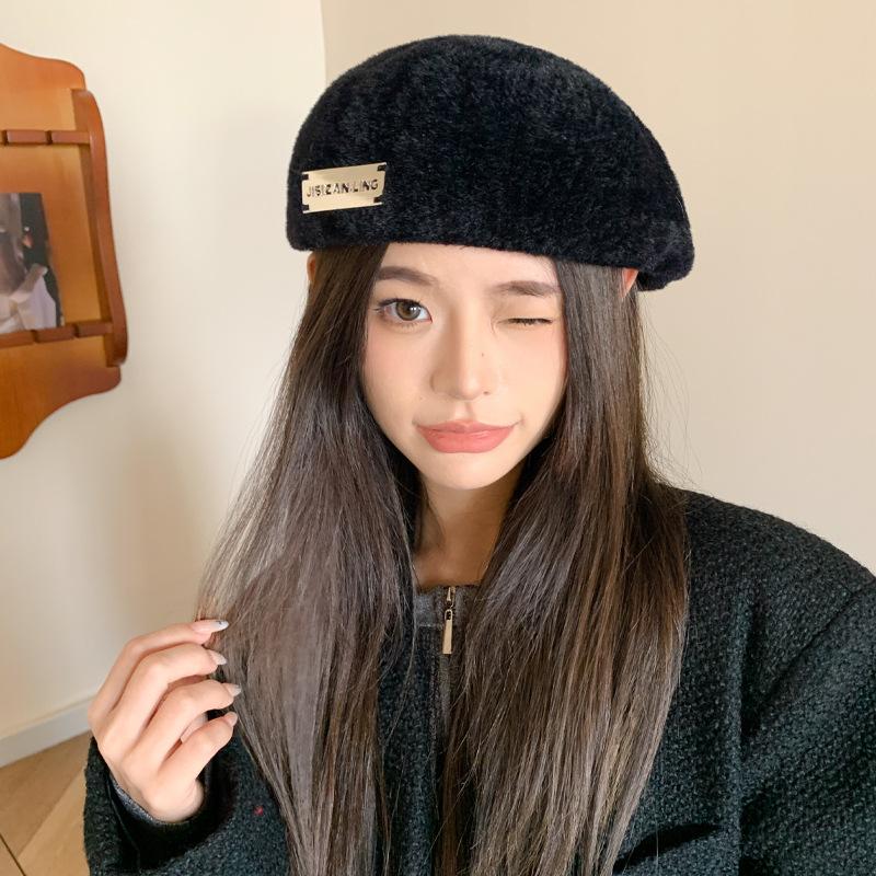 Autumn and Winter Warm Rabbit Fur Hat Female Reverse Wearing Beret Retro Versatile Dual-purpose Forward Hat Solid Color Painter Hat