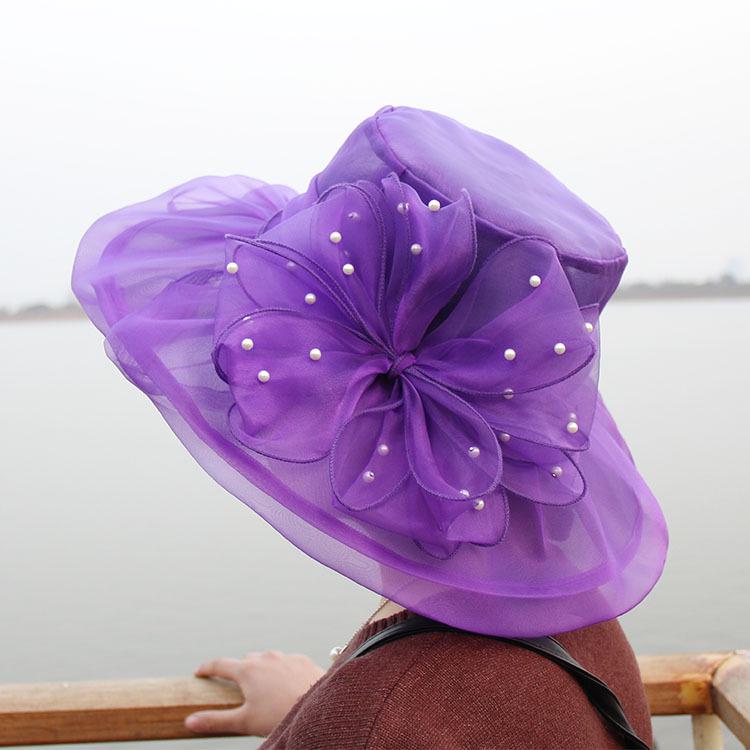 New Retro Wedding Hat Pearl Mesh Flower Top Hat Double Organza Sunshade Big Eaves Hat Sun Hat Women