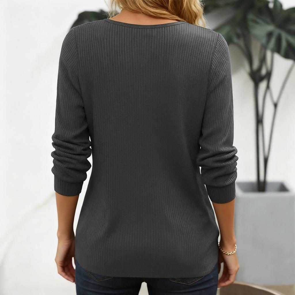Women's Fashionable Round Neck Long Sleeved Button Casual Loose Pullover Top