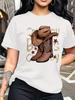 Western Cowboy Boot and Hat Themed Print, Fashionable Breathable T-Shirt for Family Trips, Campus, Casual S, Daily Commute
