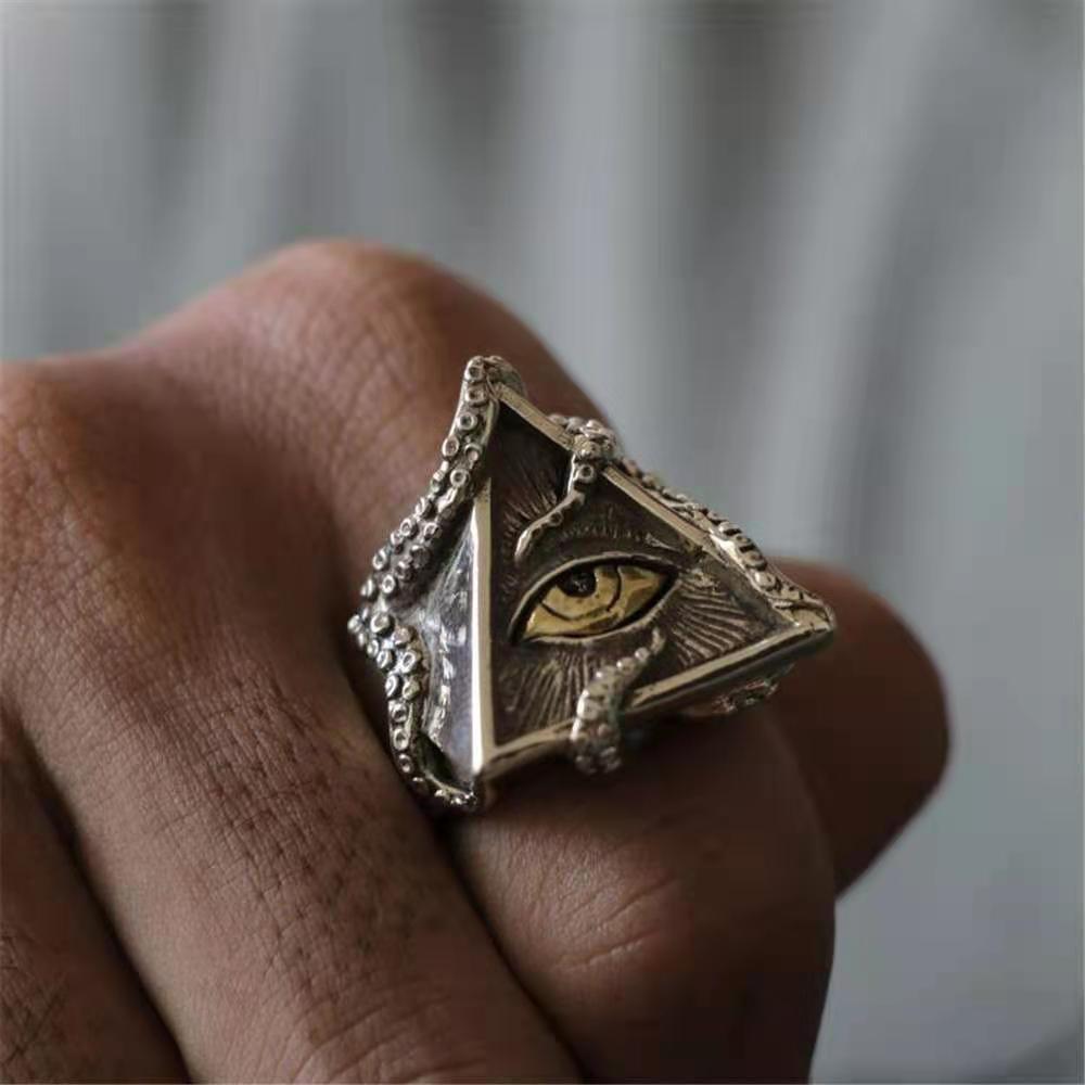 Retro Golden Eye of Providence Large Ring For Men Cthulhu Octopus Punk Gothic Ring Handmade Zircon Biker Accessories Man Gift