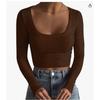 Form-Fitting Ribbed Long Sleeve Crop Top With Wide Square Neck