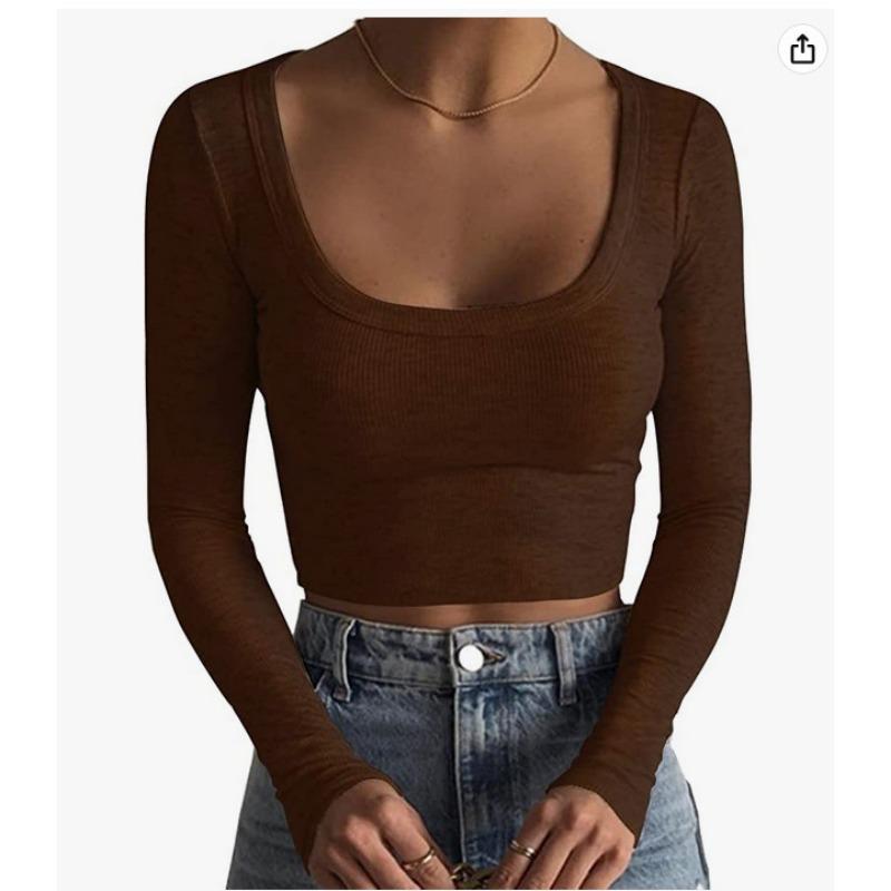 Form-Fitting Ribbed Long Sleeve Crop Top With Wide Square Neck