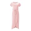 Women's Short Sleeve Wrap Maxi Dress Round Neck Tie Waist Asymmetrical Casual Long Dress