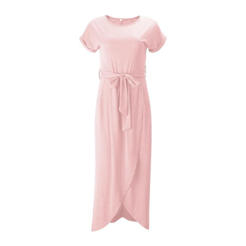 Women's Short Sleeve Wrap Maxi Dress Round Neck Tie Waist Asymmetrical Casual Long Dress