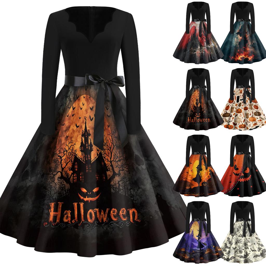 Women's Casual Vintage Halloween Dress V Neck Long Sleeve Retro Printed Swing Dress with Waist Tie Belt for Fall Seasonal Wear