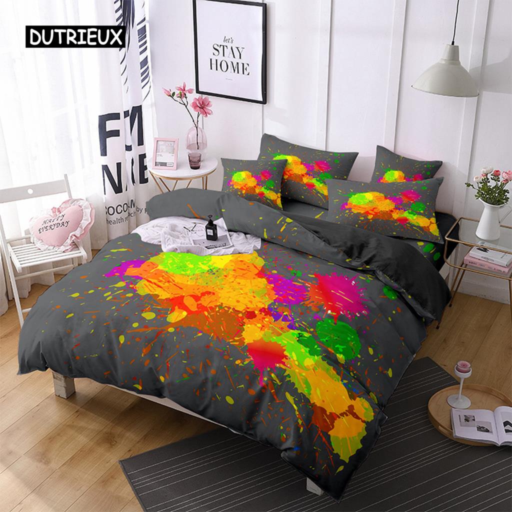 Set Copripiumino Acquerello Nero Multicolore Stampa Disegnata a Mano Biancheria da Letto Matrimoniale Microfibra Motivo Astratto Copripiumino
