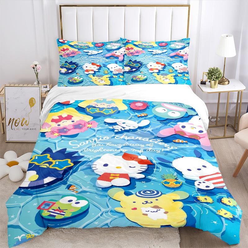 3pcs Sanrio Characters Swimming Bedding Set Includes 1 Quilt Cover and 2 Pillowcases, Comfortable Bedding with Stylish Design for Bedroom W093