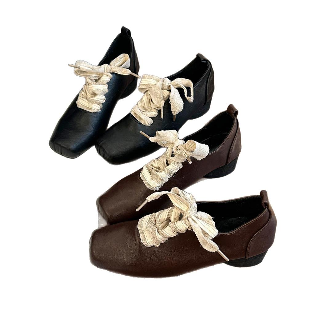 Cowhide Version~ Retro Literary Square Head Small Leather Shoes High Sense Thick Heel Front Lace-up Outside Wear Temperament Leather Single Shoes Wome