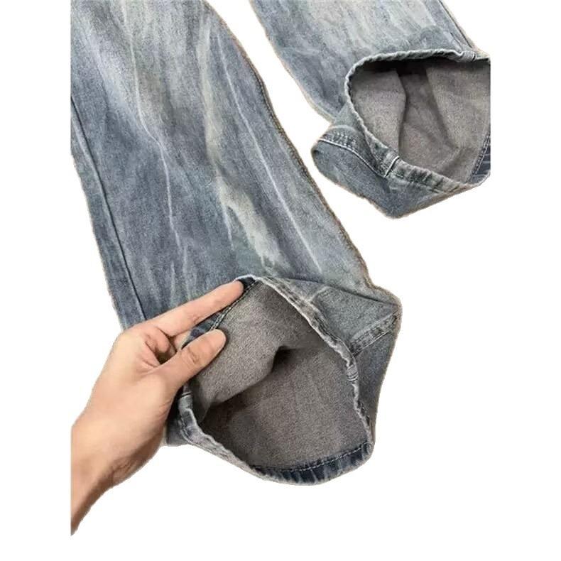 Lightning bamboo pattern jeans men's summer new straight loose American retro high street vibe micro-pull trousers