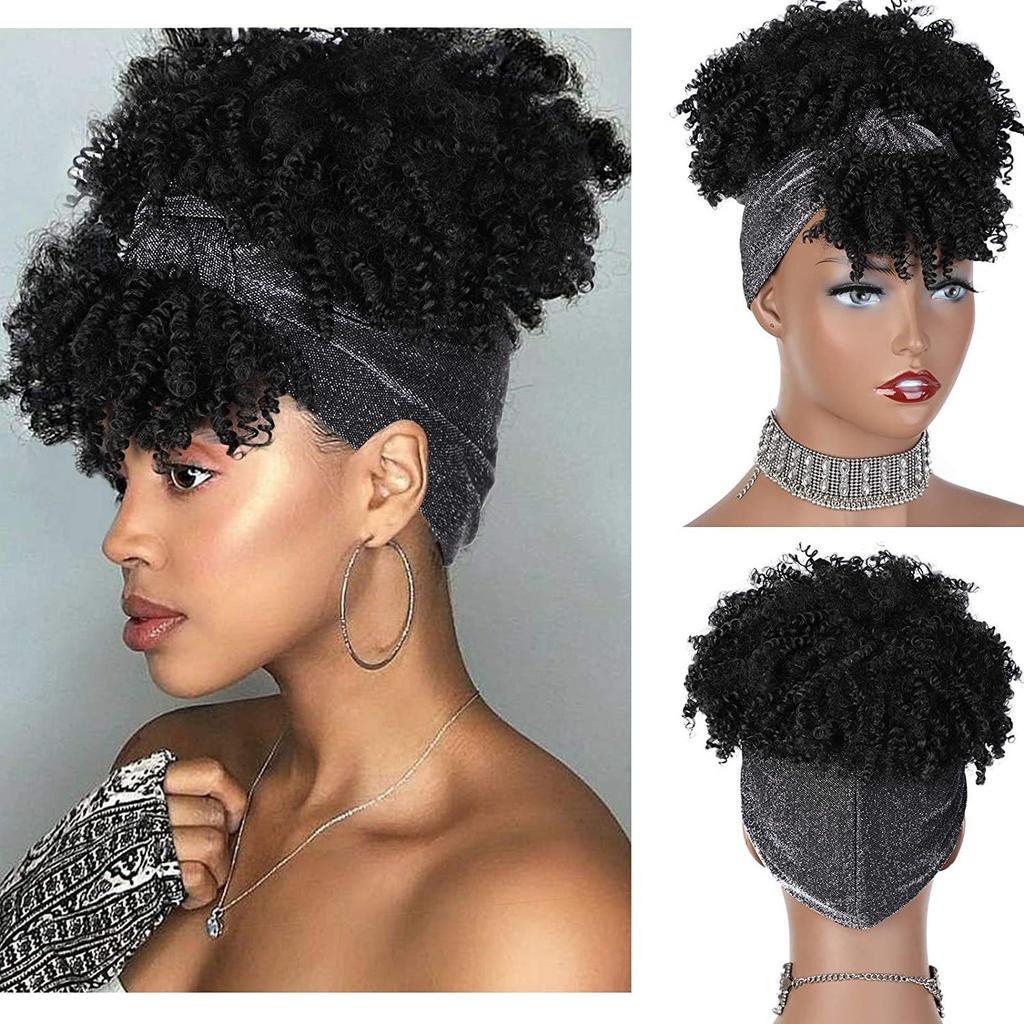 Afro Curly Kinky Synthetic Head Wraps Short Drawstring Puff Wigs with Small Cap Headband Scarf Wigs