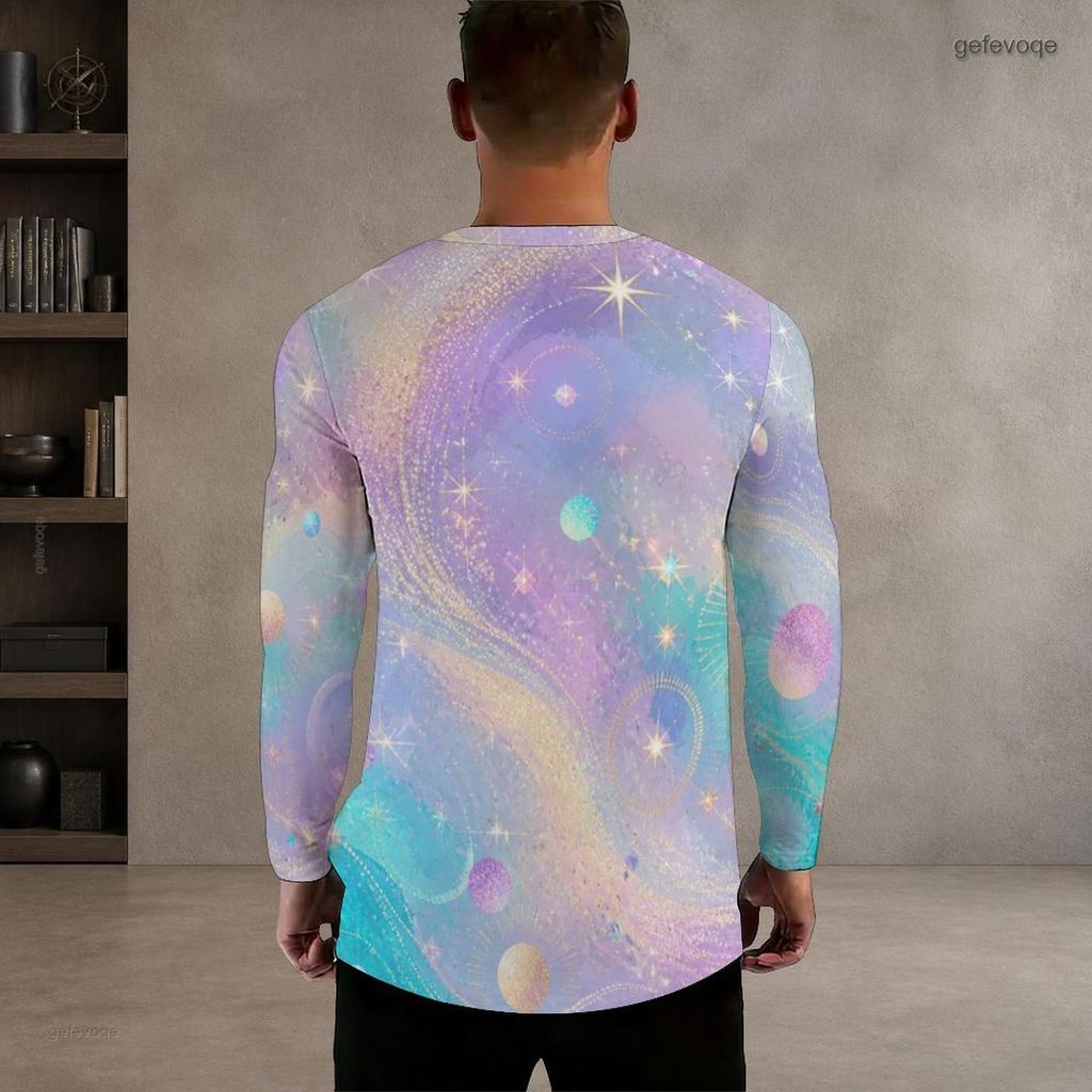 Men Plus Size Round Neck Long Sleeve T Shirt Black Sparkle Star Print Pullover Straight Hem