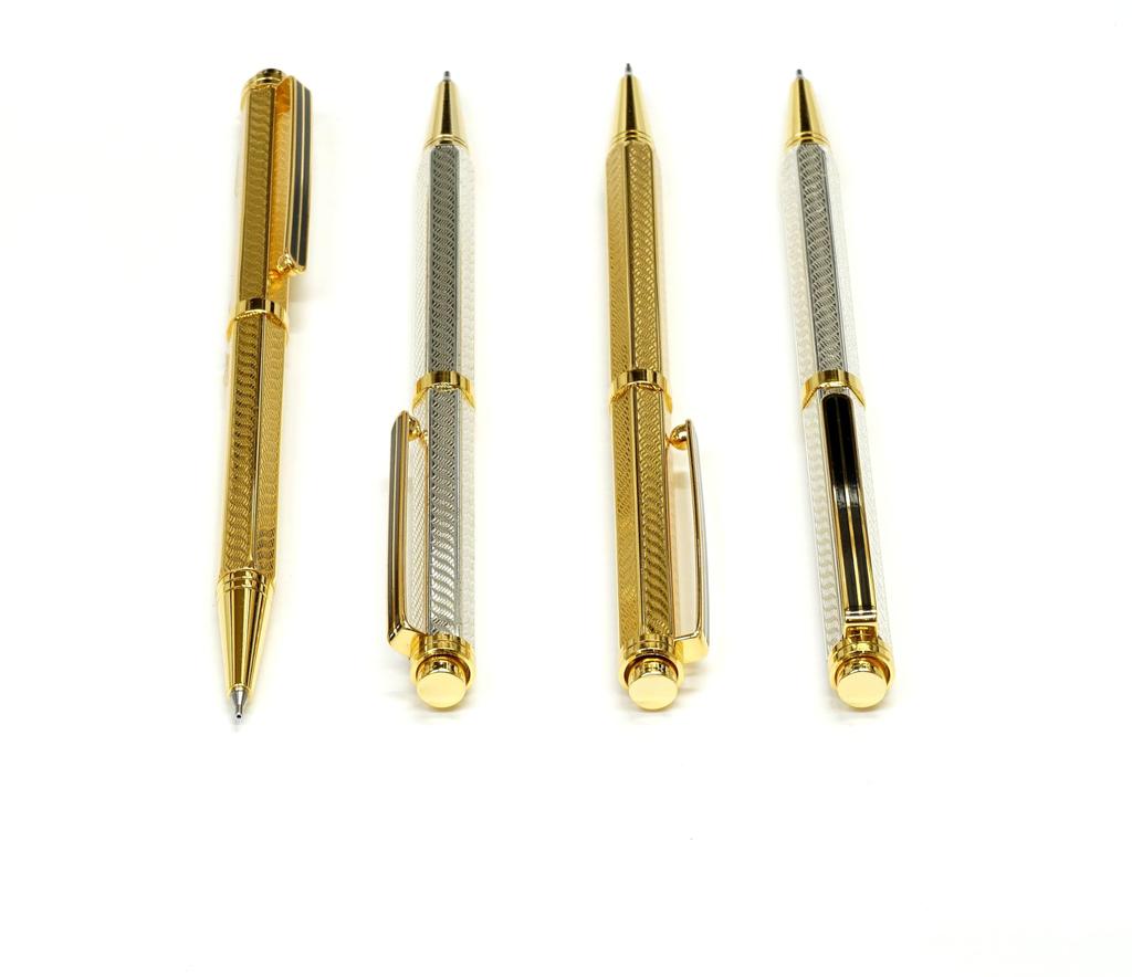 Brass Hexagonal Rotating Engraved Ballpoint Pen and Mechanical Pencil Premium Two-Pack Set, Silver, Boxed, K7-6KS-2-S