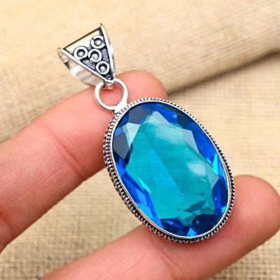 Dazzling Blue Topaz Gemstone Handmade 925 Solid Sterling Silver Pendant For Wedding Gift