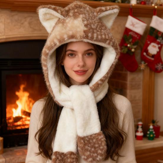 Winter Hat with Ear Flap Scarf Cartoon Deer Design Ear Protection Hat Skiing Camping Travel Headwear