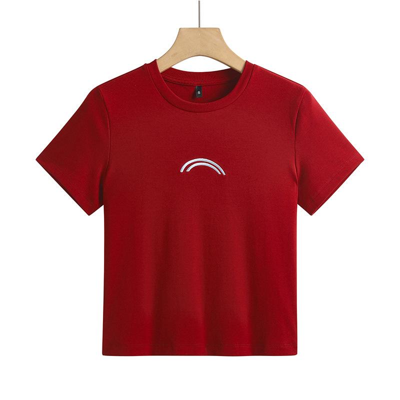 Rainbow Embroidered Short-sleeved Women's T-shirt with Small Round Neck, Simple and Fashionable High-waisted Short Top for Women, Versatile Top