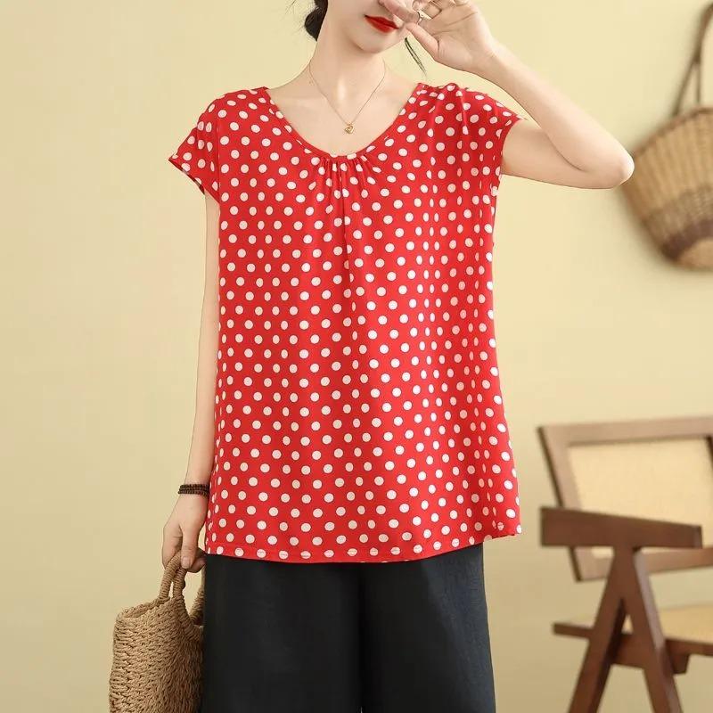 Summer Women's Polka Dot Print Blouse Loose Fit V Neck Sleeveless Casual Top