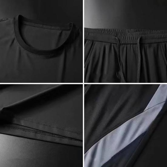 2Pcs/Set O-Neck Short Sleeve Casual Outfit Elastic Waistband Drawstring Pockets Men Patchwork Color T-shirt Jogging Pants Set Streetwear