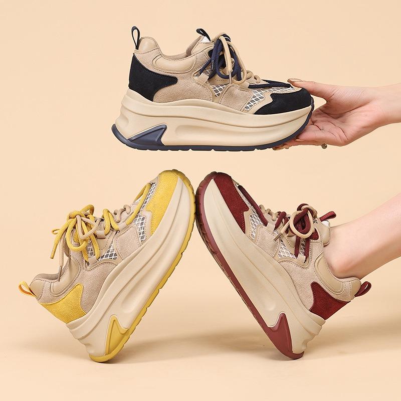 Summer new little white shoes thick-soled lace-up color matching comfortable casual height increase women's shoes height increase thin breathable