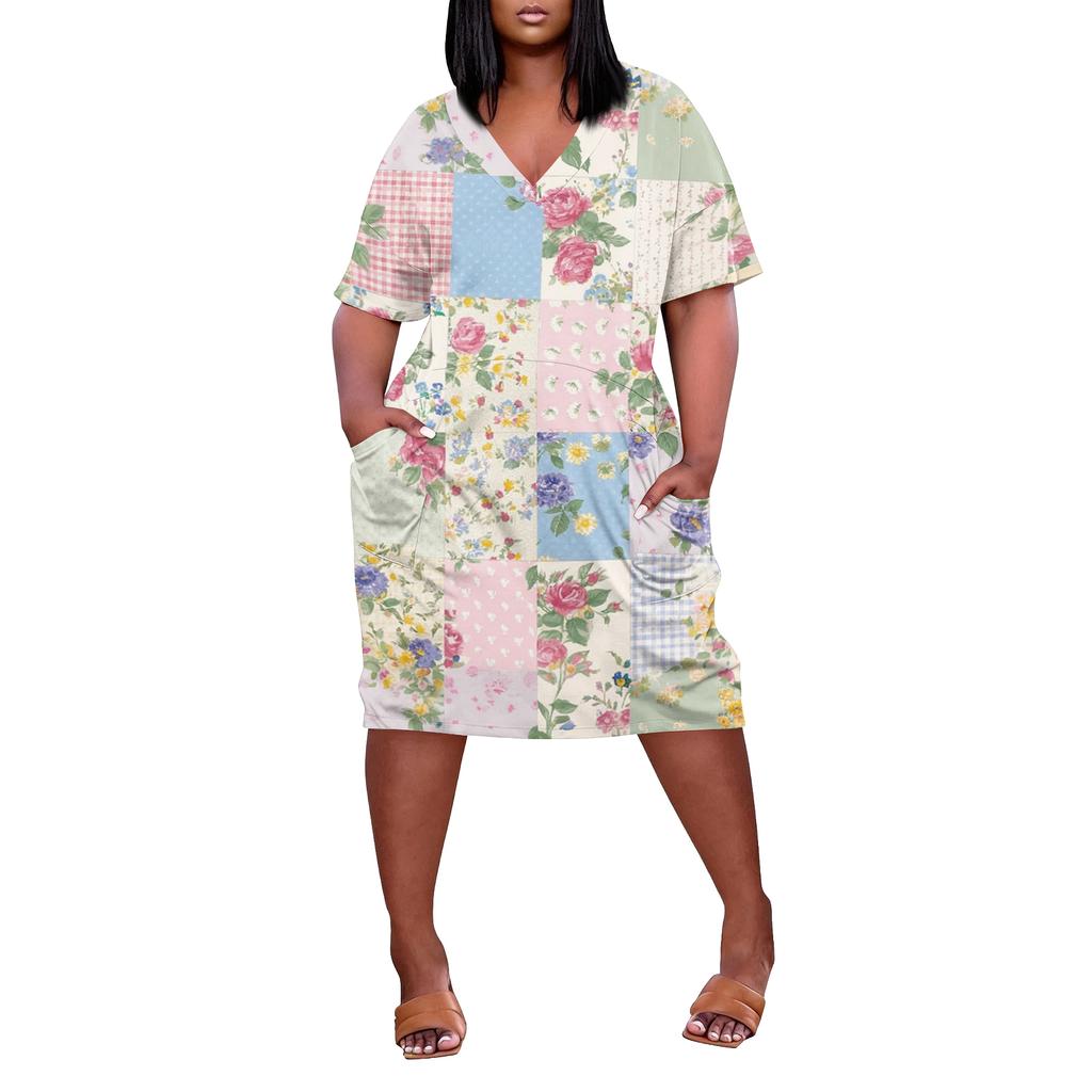 Summer Plus Size V Neck Short Sleeve Knee Pocket Print Casual Dress For Women