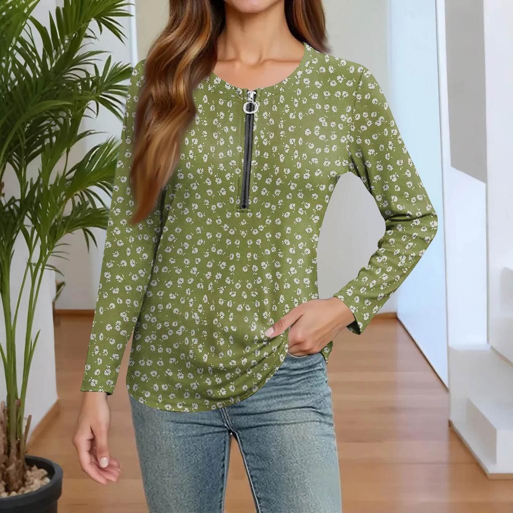 Damenmode Lässig Bedruckt Reißverschluss V-Ausschnitt Langarm Shirt Tops