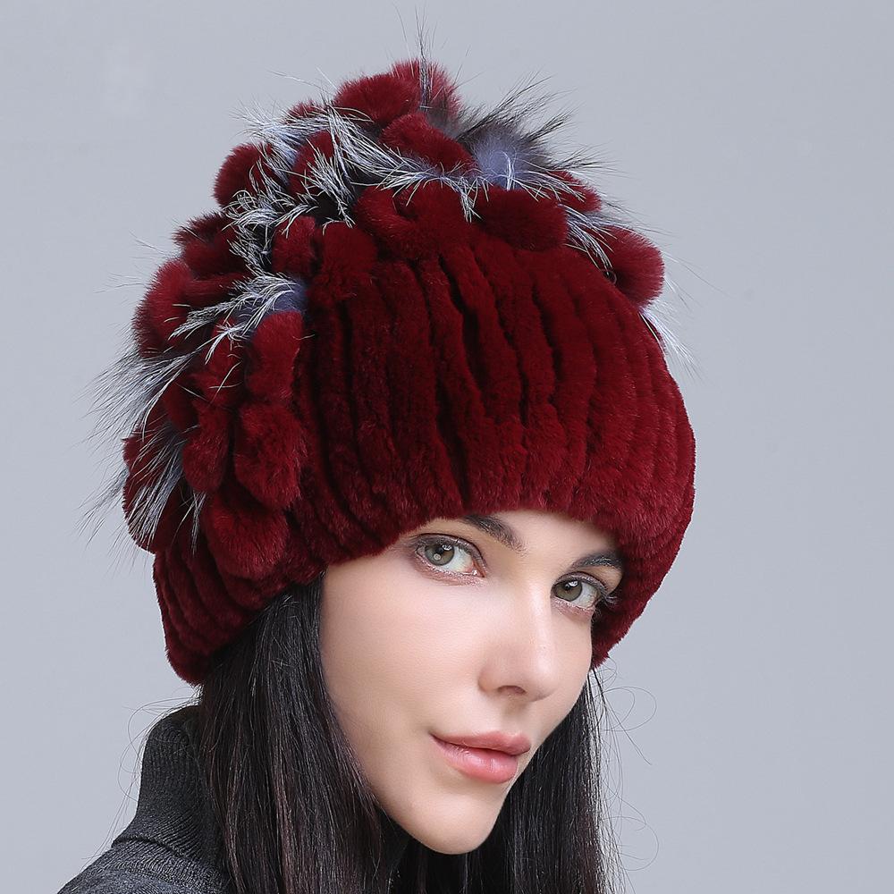 Winter Women's Warm Fashion Thick Wool Hat Rex Rabbit Fur Hat Knitted with Side Flower Hat