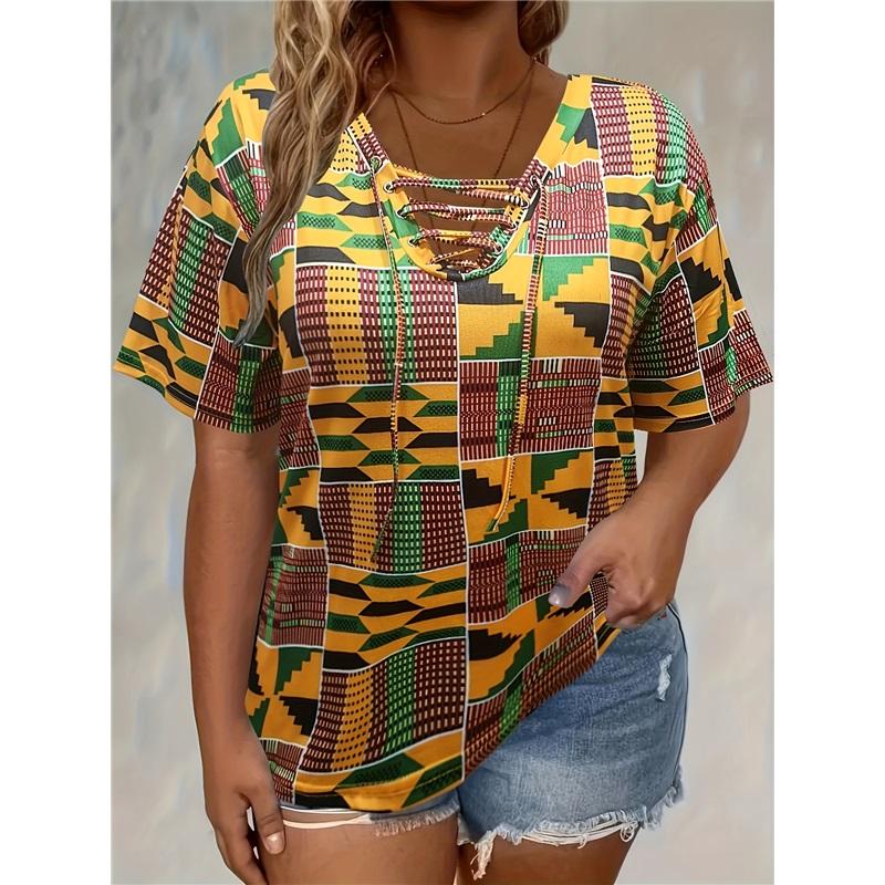 New Tie-Dye Print V-Neck Lace-Up Short Sleeve T-Shirt Polyester Knit Loose Plus Size Top Multi-Color Available