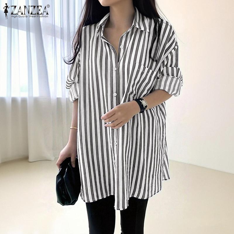 ZANZEA Women Turn Down Collar Long Sleeve Stripe Blouse