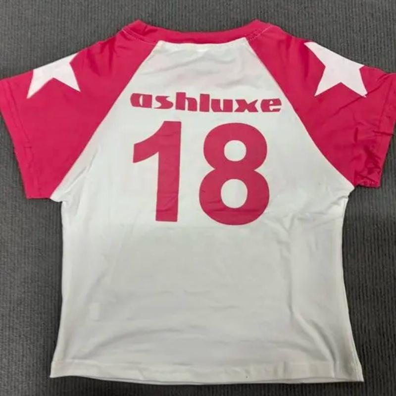 Y2K Summer Spicy Girl Rundhalspullover mit Stern- und Buchstabendruck, kontrastierende Kurzarm-T-Shirt mit offenem Nabel, europäisches und amerikanisches Damen-Top