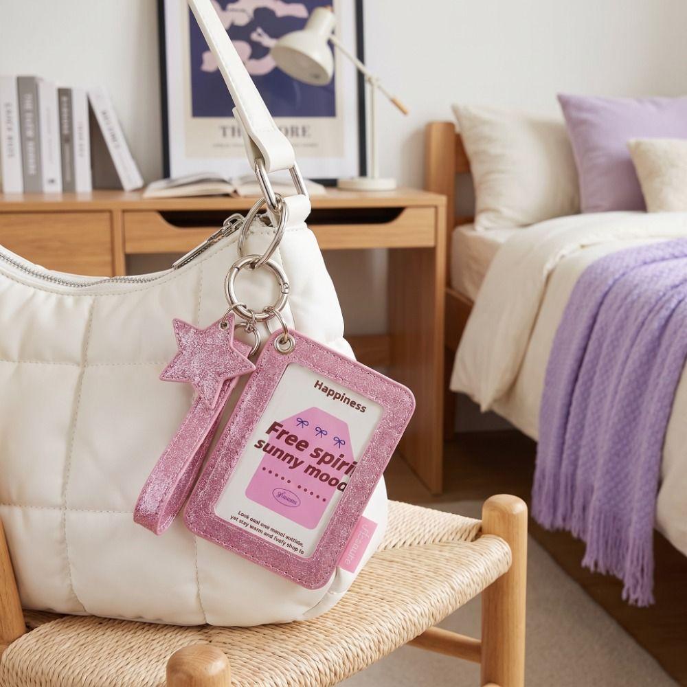 Shiny Star Charm Photocard Case Glitter PU Keychain Bag Pendant Stationery Supplies