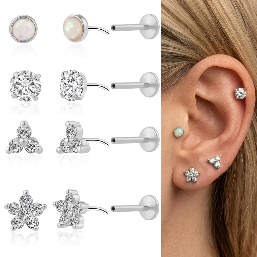 18G Stainless Steel Threadless Flat Back Stud Earrings Hypoallergenic CZ Cartilage Labret Piercing Jewelry for Women