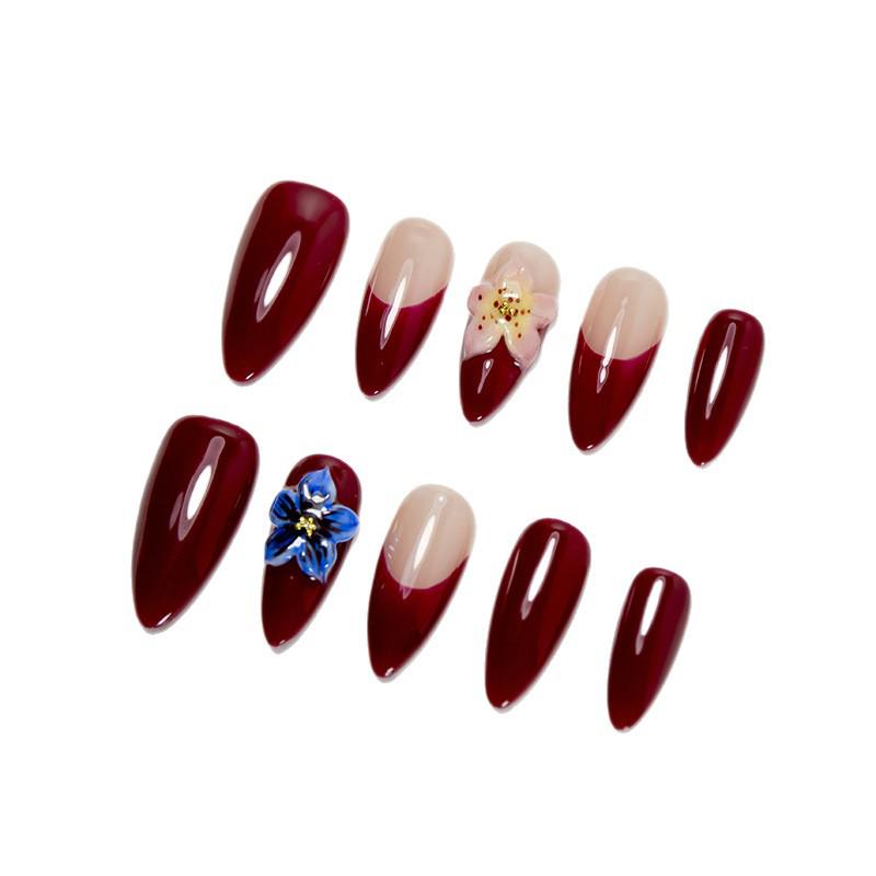 Wine Red 3D Floral Almond Blue False Nails