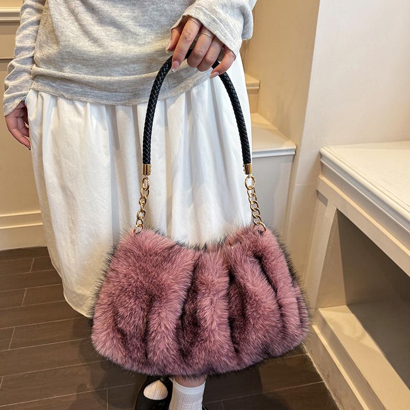 Women Faux Fur Shoulder Bag Soft Fluffy Plush Hobo Handbag with Chain Strap,Autumn Winter Fashion Ruched Underarm Bag Casual Daily Shopping Crossbody