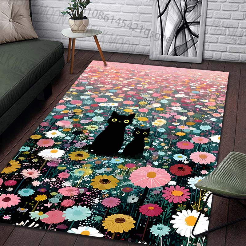 Multiple sizes two black cats in vibrant wildflowers Print Carpet for Living Room Bedroom Sofa Home Decor Non-slip Mat Gift