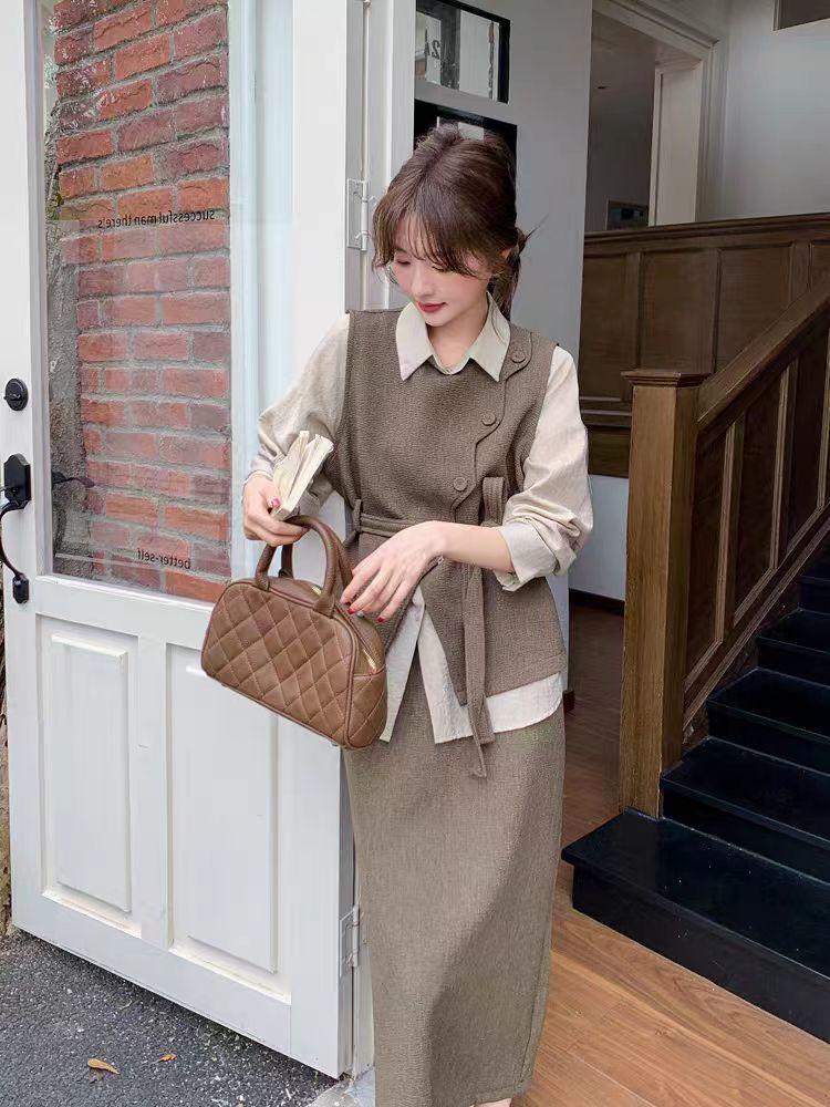 2025 Spring/Fall Women's Fashion Set: High-End Vest, Long Sleeve Shirt & High Waist Slimming Midi Skirt