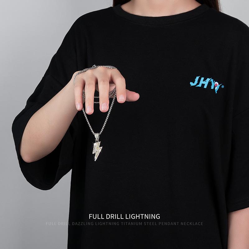 Luxury Titanium Lightning Necklace - Hip-Hop Style with Non-Fading Diamond Pendant for Men and Women