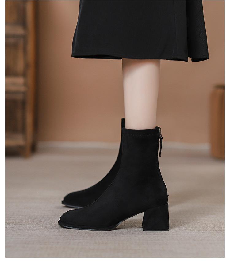 Versatile temperament French suede high-heeled short boots women's new thick-heeled square-head elastic thin boots in autumn and winter 2025