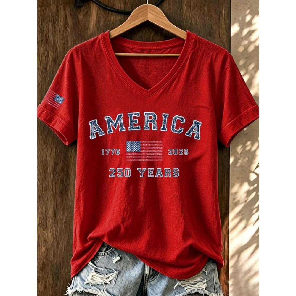 ilstile Women's America 250 Years Print T-Shirts Summer Short Sleeve Casual Loose T Shirt V Neck Tops White Tees Hot Sale
