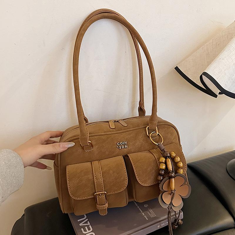 Womens Retro Solid Color Suede Leather Shoulder Bag with Multiple Pockets Large Capacity Comes with A Detachable Accessory Charm