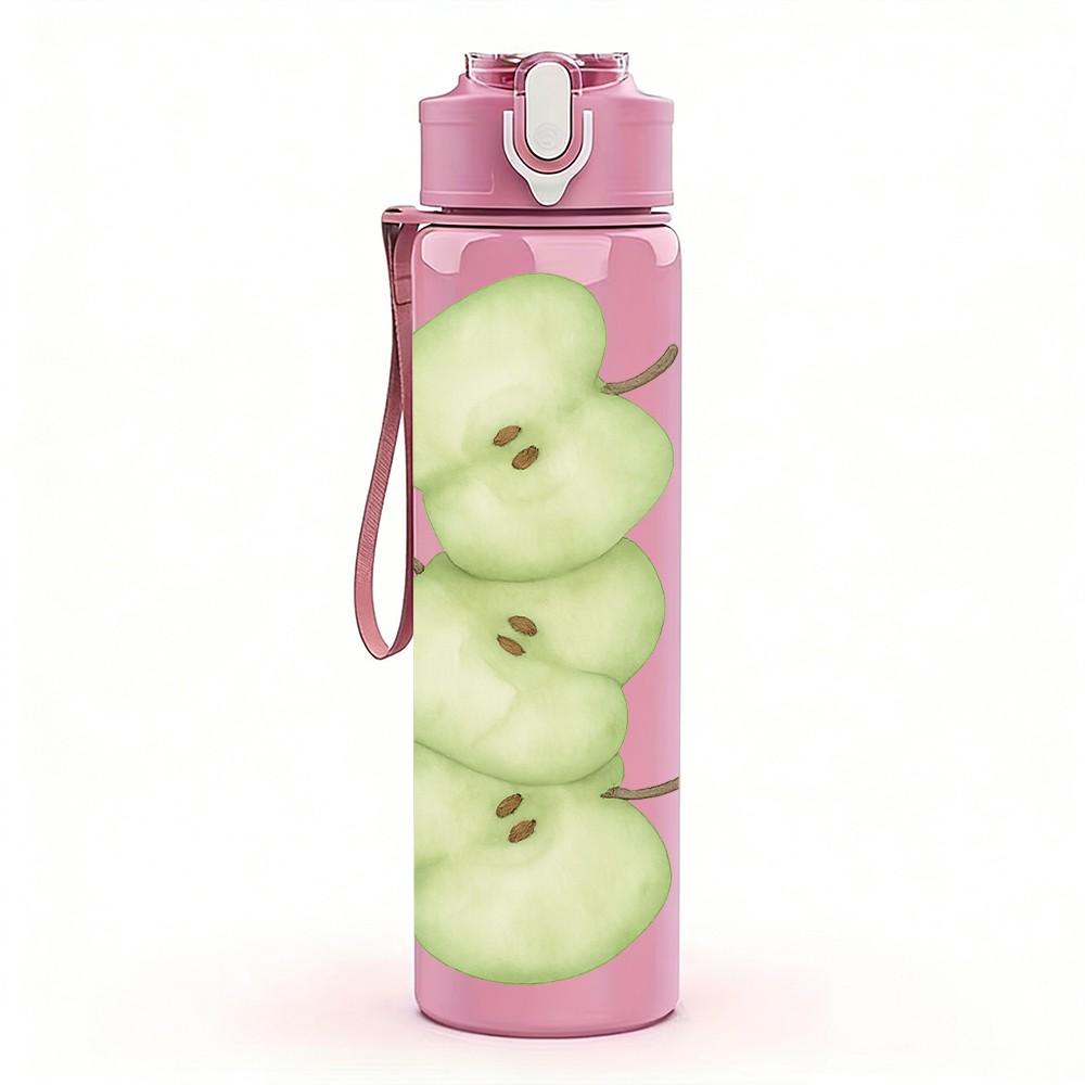 1PC Stacked Green Apple Fruit Print 750ml Color Plastic Sports Water Bottle Leakproof Flip Straw Lid For Sports Office Home Use