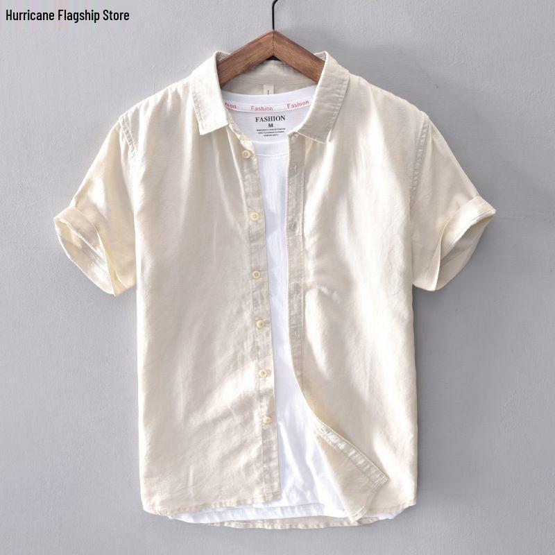 Men's Slim Fit Short Sleeve Breathable Linen Shirt - Summer Casual Lapel Top, White