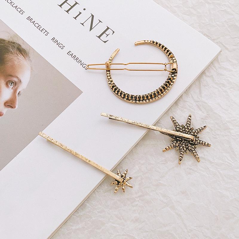 Épingle à cheveux géométrique strass étoiles lune mode personnalisée rétro pince un mot ensemble géométrique pince bord