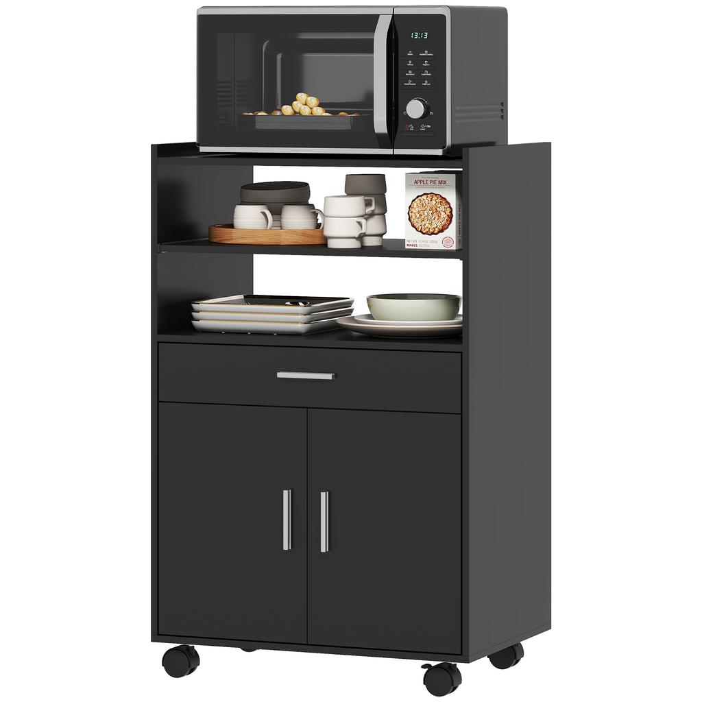 Kitchen Trolley on Wheels, Microwave Cart, Drawer, Shelves, 59 x 40 x 92 cm, Black