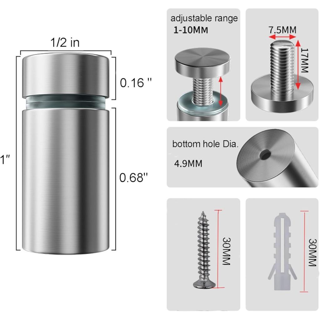 Sign Standoff Screws 1/2 X 1 Inch Stainless Steel Stand Off Wall Mounts Advertising Screw Hardware for Acrylic Signs