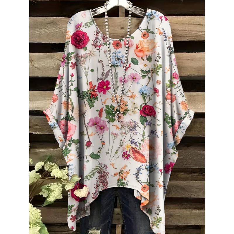 

Summer Rose Blossom Plant Pattern Printed Swallowtail Round Neck Casual Comfortable Short Sleeve T-shirt 5XL