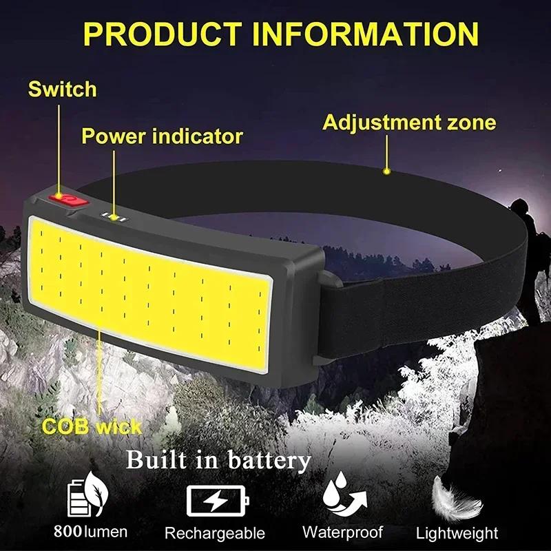 Strong Light COB Headlight Long Battery Life USB Charging Waterproof Outdoor Night Fishing Night Running Maintenan Work Light